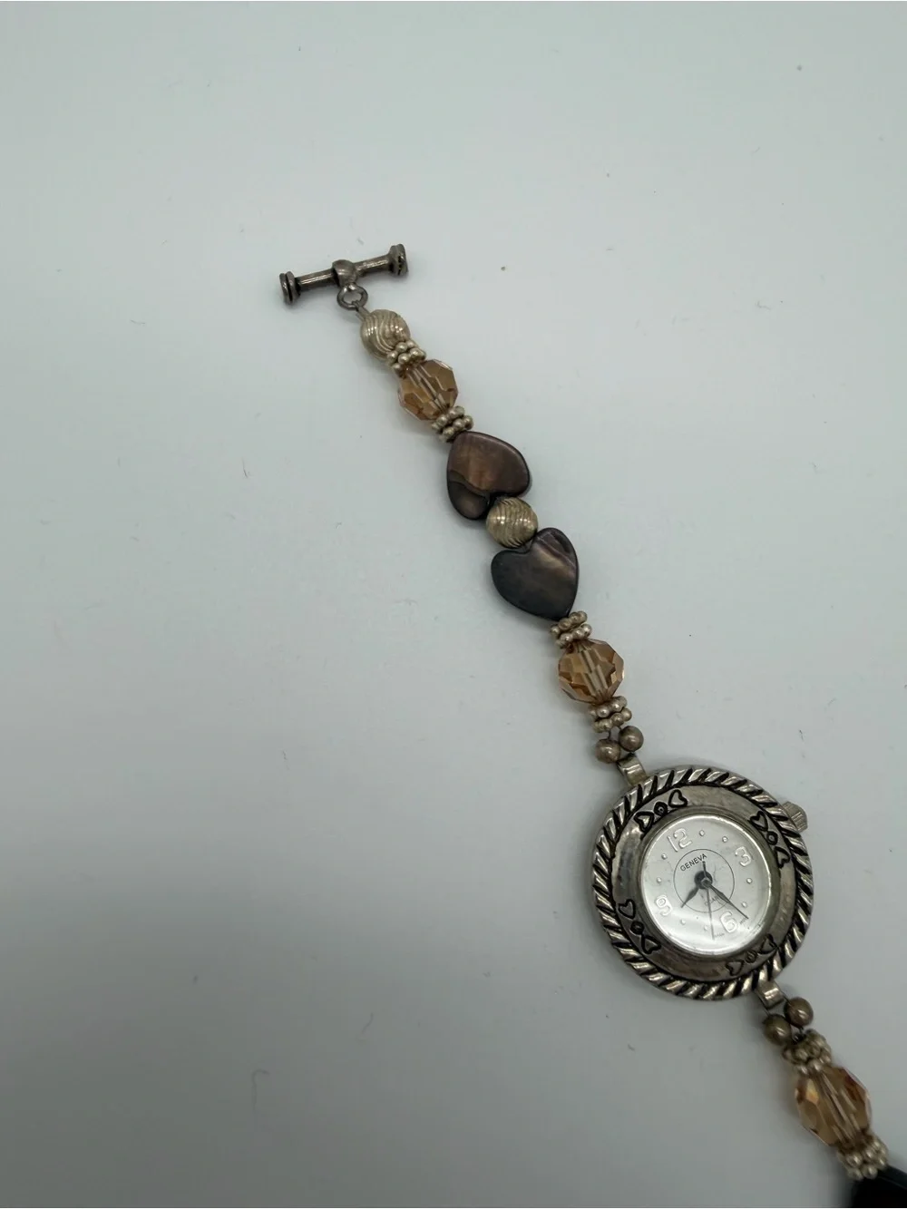 Geneva Brown Heart Bead Bracelet Watch with Silver Accents